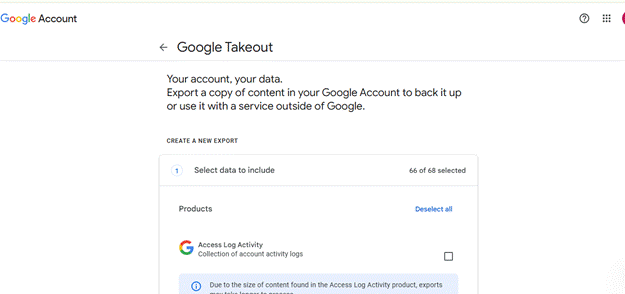 Google Takeout导出界面